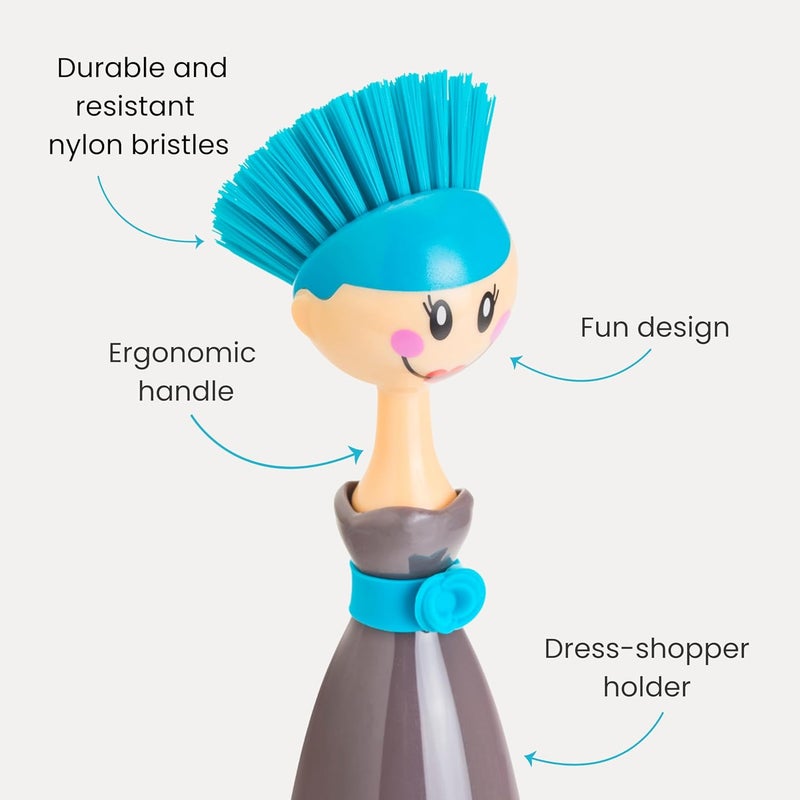 Vigar Dolls Dish Brush with Ergonomic Handle and Dress-Shaped Brush Holder, Dish Brush with Handle for Kitchen Dishes and Sink Cleaning, Gray, Blue - Image 2